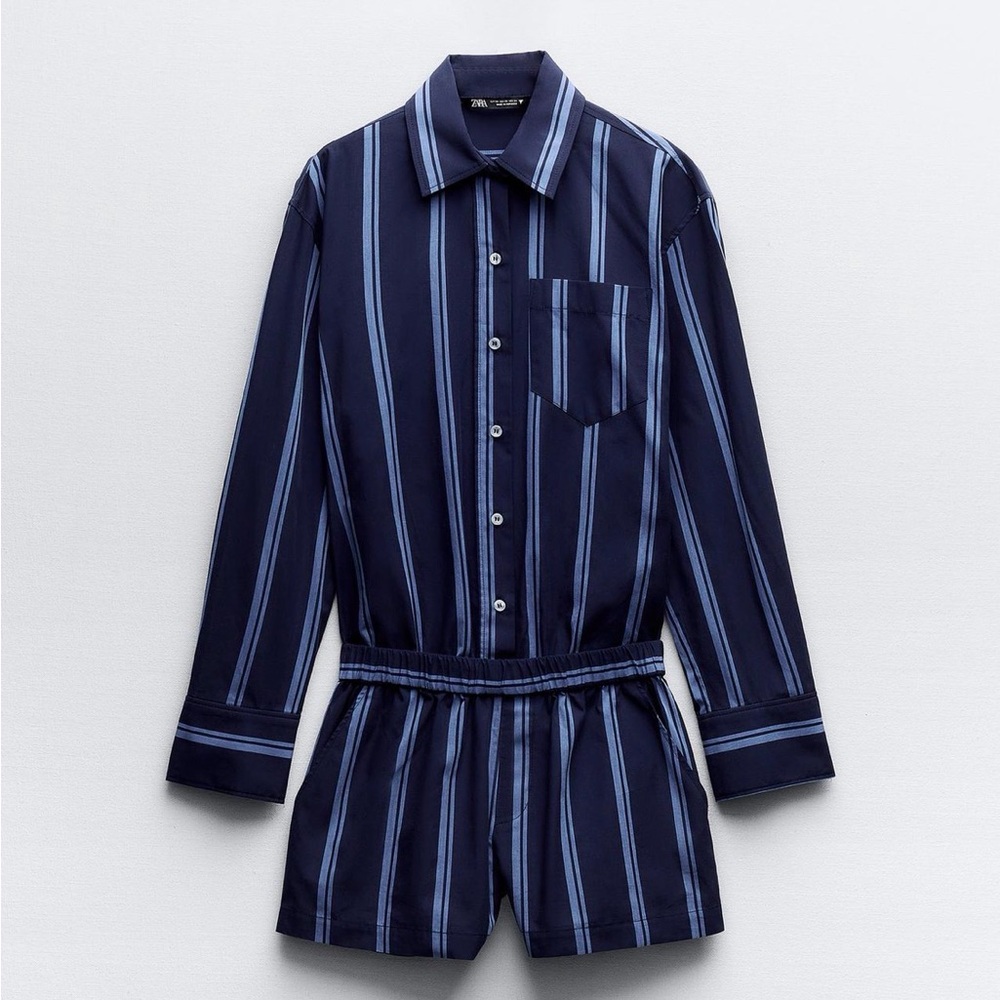 Zara Women's Navy Striped Jumpsuit